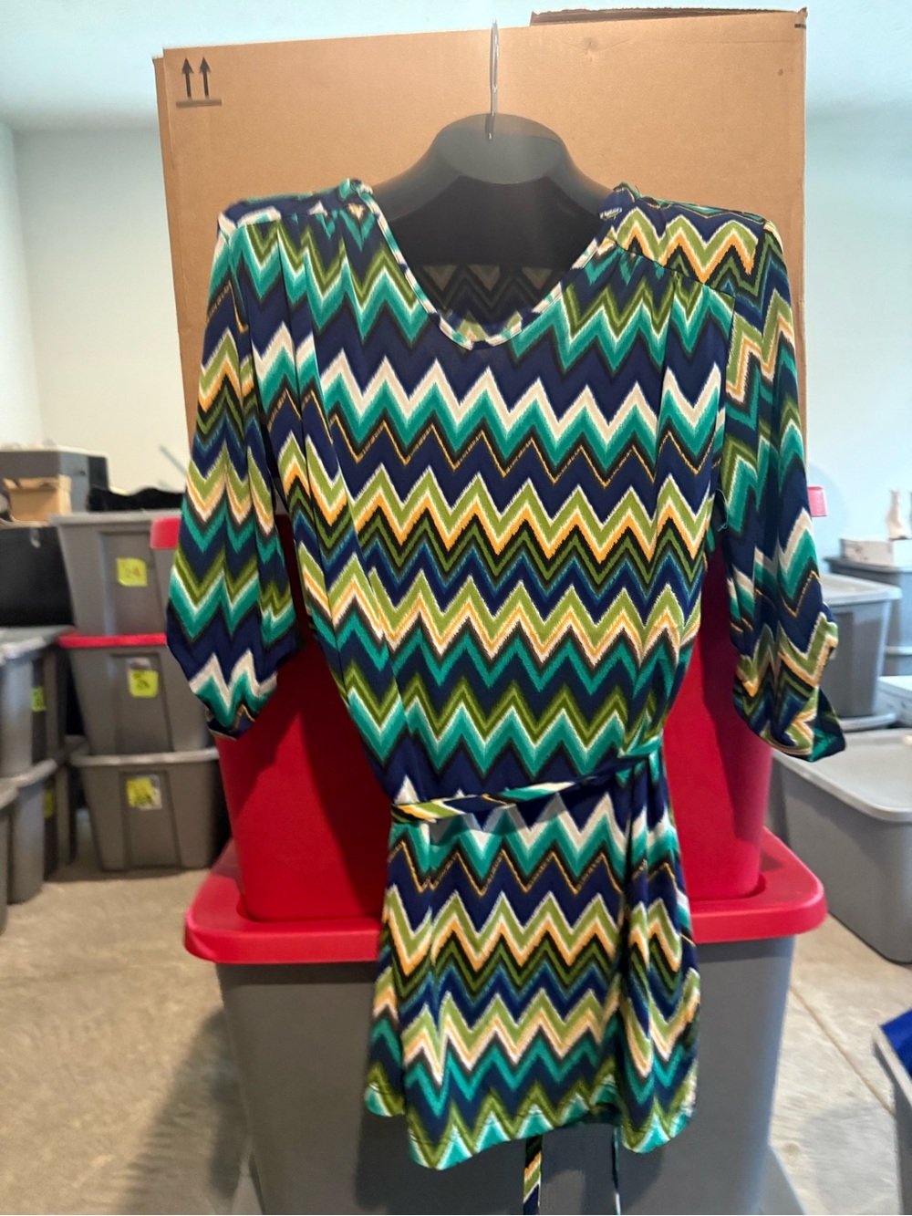 Chevron Print V-Neck Belted Tunic - Multi Green & Navy mp66